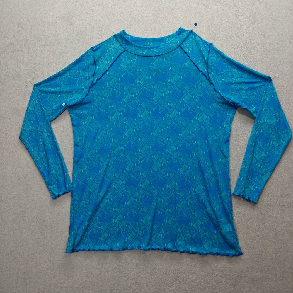Vintage Y2K LOGO Layers Mesh Top Womens‎ L Blue Snakeskin Egirl Cyber Rave Disco